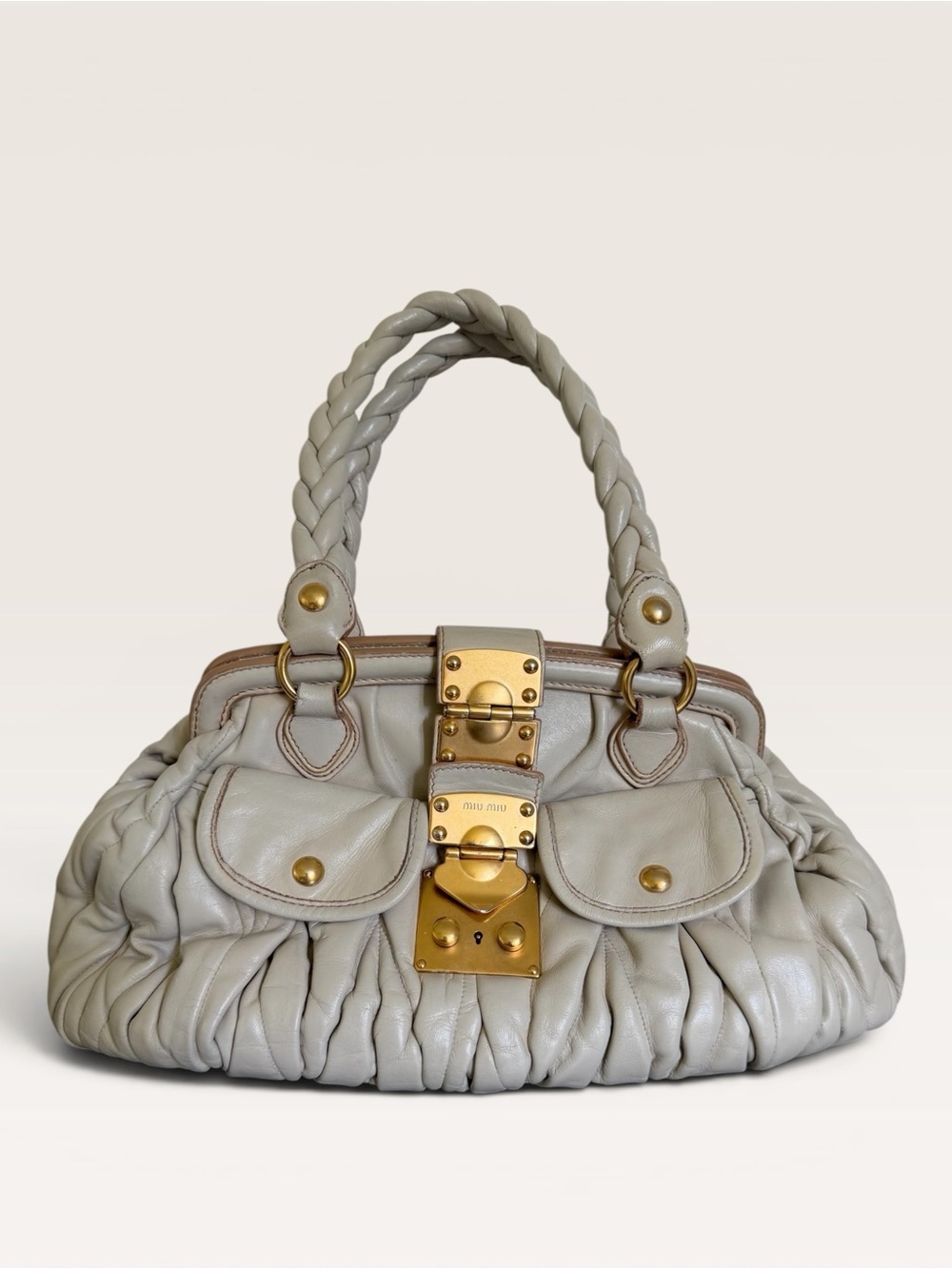 Vintage Miu Miu Ivory Matelassé Leather Satchel Bag Gold Hardware - Picture 11 of 11